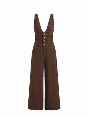 Cider Brown Deep V Wide-Leg Jumpsuit